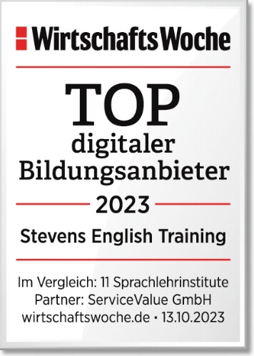 Auszeichnungssiegel von WirtschaftsWoche mit der Aufschrift „TOP digitaler Bildungsanbieter 2023“ für Stevens English Training; darunter ein Hinweis auf den Vergleich mit 11 Sprachlehrinstituten und ServiceValue GmbH.