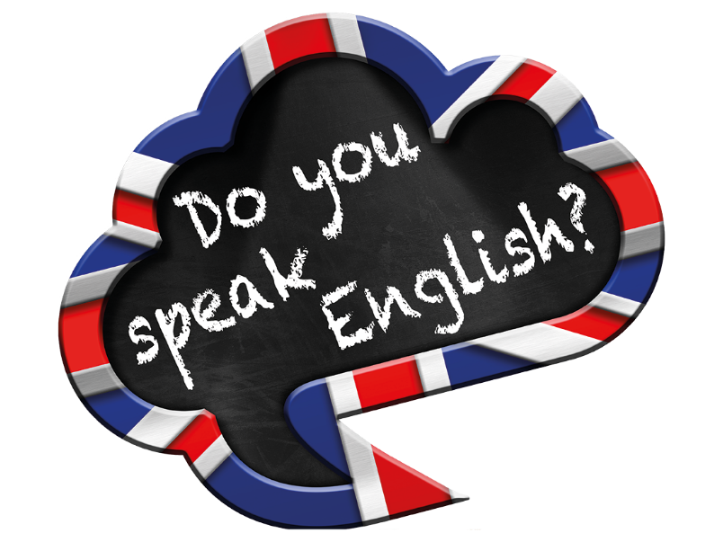 Sprechblase in Form einer Tafel mit Rand im Stil der britischen Flagge; darauf steht in weißer Kreideschrift: „Do you speak English?“
