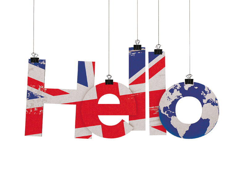 „Illustration des Wortes ‚Hello‘, als hängende Buchstaben gestaltet, mit Mustern der britischen Flagge und einer Erdkugel als Buchstabe O.“
