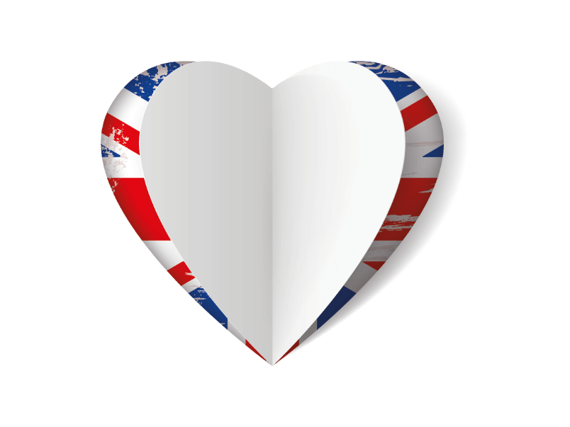 „Herzförmige Grafik mit Rand im Design der britischen Flagge und weißer Mitte.“