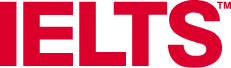 Roter Schriftzug „IELTS“ auf schwarzem Hintergrund.