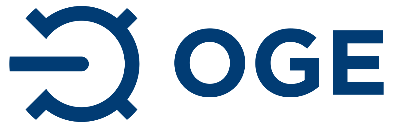 Blaues OGE-Logo mit stilisiertem kreisförmigem Symbol links und dem Schriftzug „OGE“ rechts.