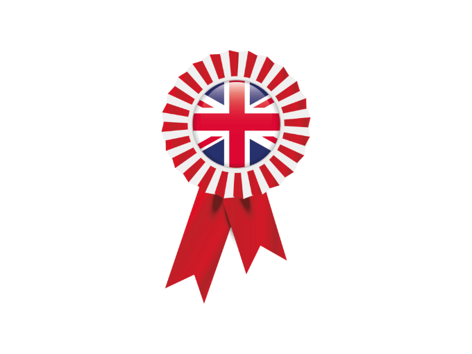„Auszeichnungs-Rosette in Rot-Weiß mit britischer Flagge in der Mitte und roten Bändern.“