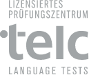 Telc-Logo auf schwarzem Hintergrund mit großem grauen Schriftzug „telc“, darüber „Lizenziertes Prüfungszentrum“ und darunter „Language Tests“ in Weiß.