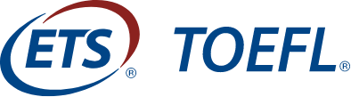 ETS-TOEFL-Logo in Blau; links das ETS-Logo mit rotem und blauem Oval, rechts der Schriftzug „TOEFL“.