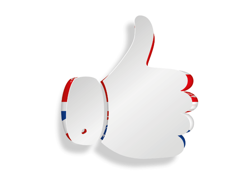 Stilisierte weiße Hand mit erhobenem Daumen; an den Seiten sind rote, weiße und blaue Farbakzente zu sehen.