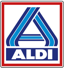 ALDI-Logo mit stilisiertem blau-türkisem „A“ auf weißem Hintergrund, darunter der Schriftzug „ALDI“ in Weiß auf blauem Balken, eingerahmt von einer roten und silbernen Umrandung.