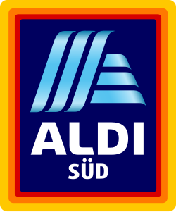 ALDI SÜD-Logo mit blauem Innenfeld, stilisiertem hellblauen „A“, weißem Schriftzug und gelb-oranger Umrandung.