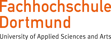 Logo der Fachhochschule Dortmund mit orangefarbenem Schriftzug „Fachhochschule Dortmund“ und der englischen Unterzeile „University of Applied Sciences and Arts“ in Schwarz.